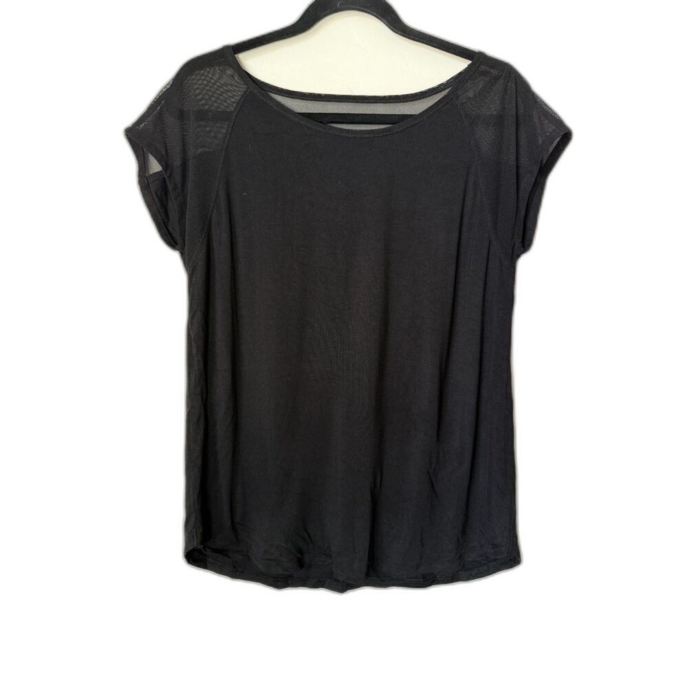Tahari Black Mesh Panel Top Size M Short Sleeve Keyhole Back Strappy Blouse